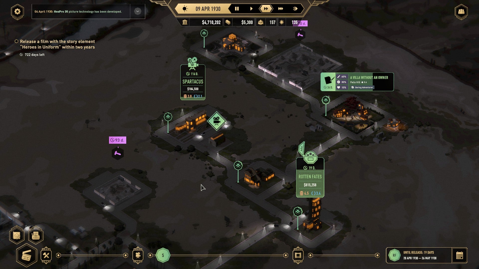 An aerial view of a 1920s movie studio at night, with icons showing films in production and other game features, from Hollywood Animal - 4