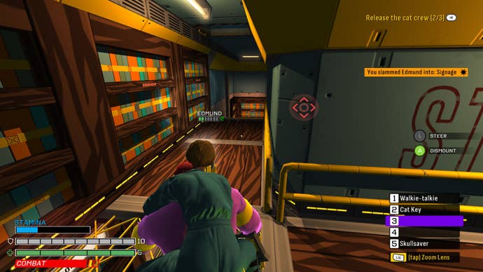 The hero rides the back of an enemy in Skin Deep.