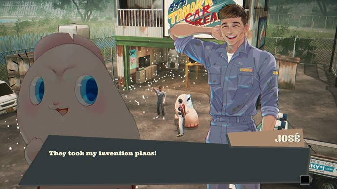 Jose the handsome mechanic talks to Pinky in Promise Mascot Agency. They’re saying, “They took my invention plans."