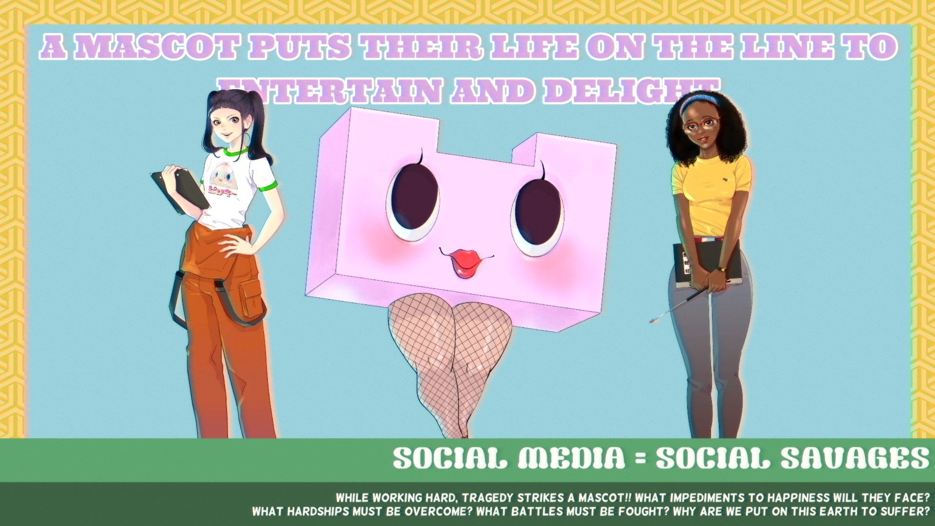 A mascot goes into battle, flanked by two townsfolk, in Promise Mascot Agency.