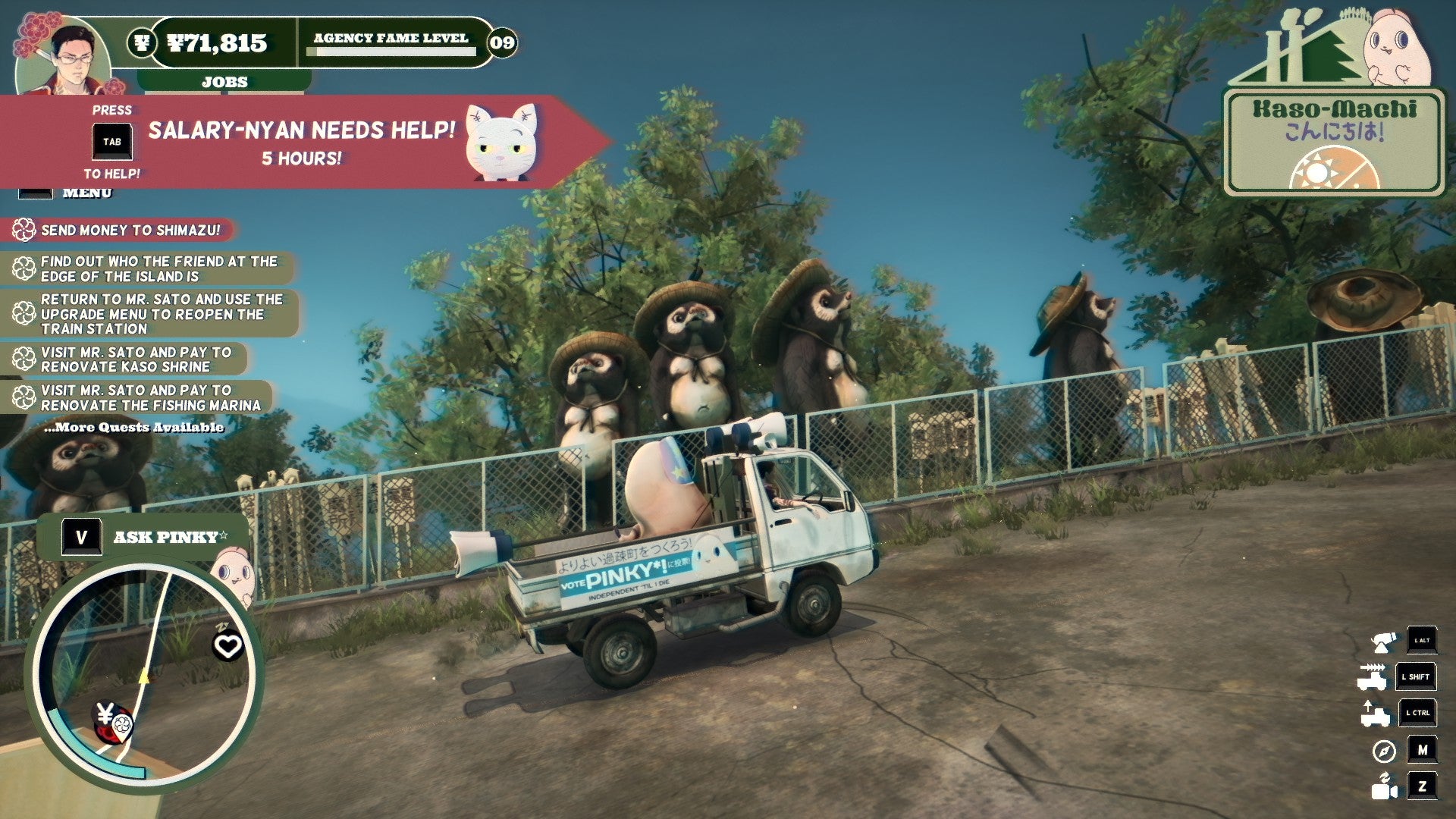 The van, with Pinky in the back, climbs a hill in Promise Mascot Agency, passing by some statues.