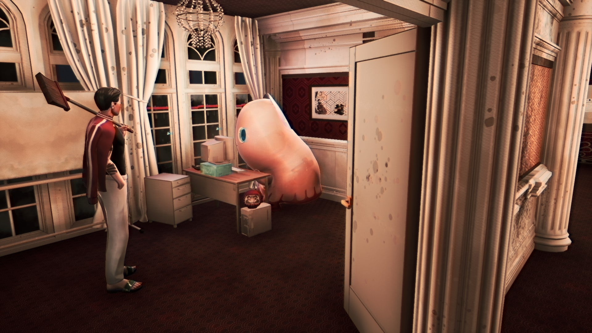 The hero and Pinky discuss business indoors in Promise Mascot Agency.