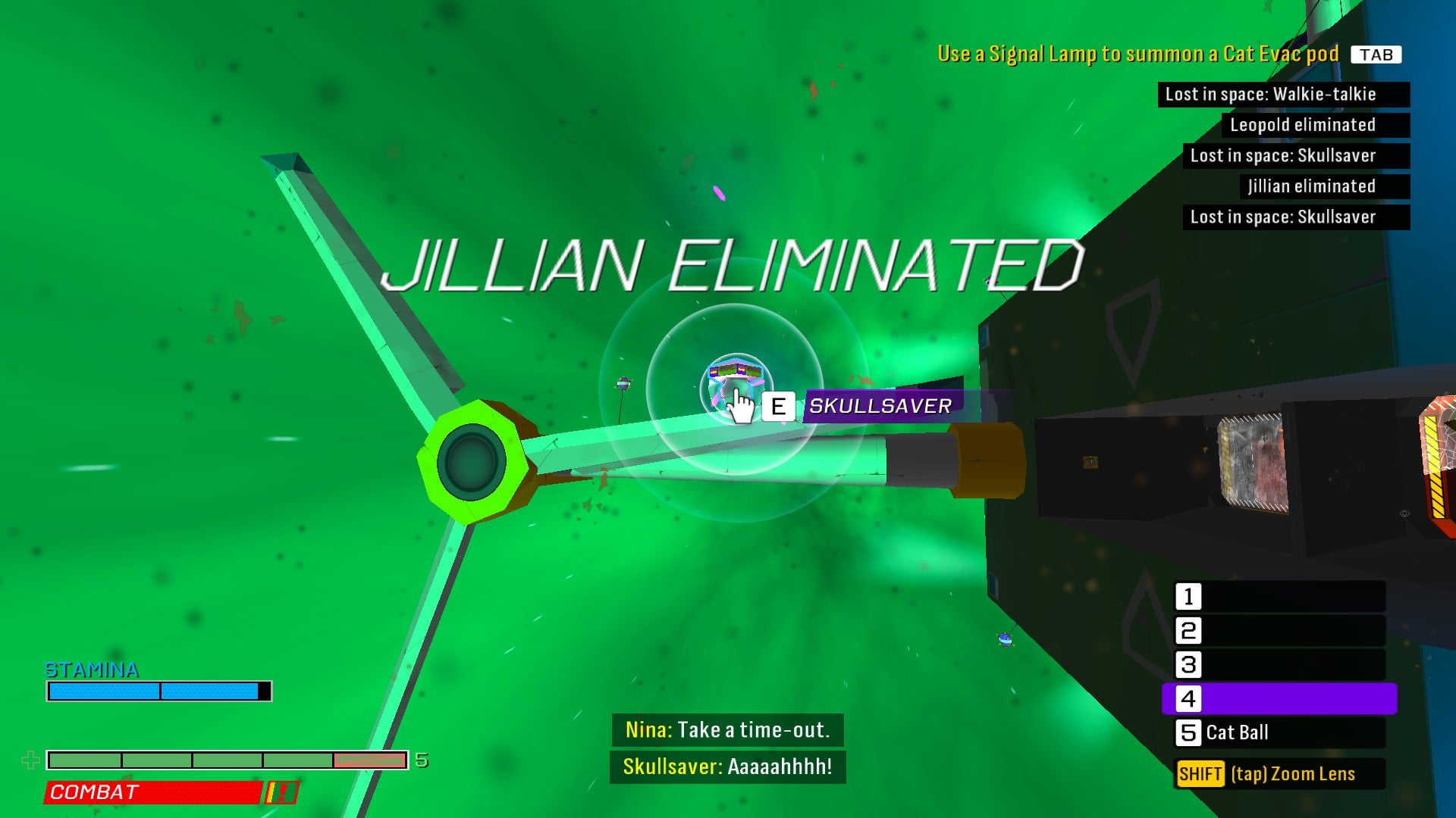 Outside a spaceship with a turbine on it in Skin Deep. Text announces JILLIAN ELIMINATED.