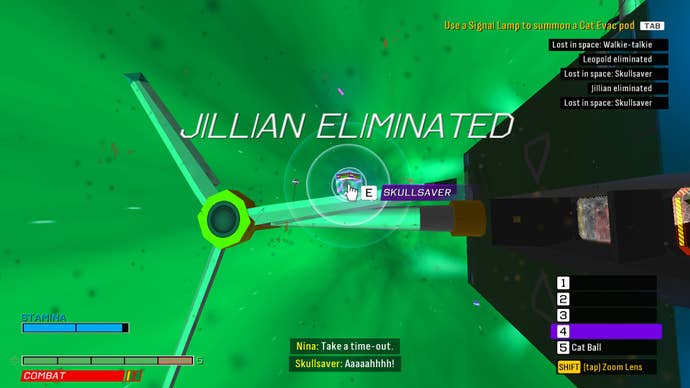 Outside a spaceship with a turbine on it in Skin Deep. Text announces JILLIAN ELIMINATED.