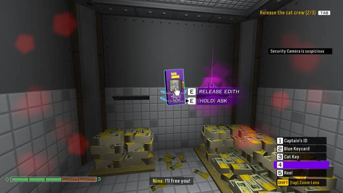 A cat sits in its cell in Skin Deep, surrounded by stacks of cash.