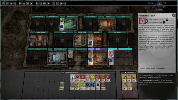 A screenshot of the location layout from The Horror At Highrook, showing a lore enactment for the Valhasa Tear - a reddish pendant with the powerfulness to heighten cosmic rituals.