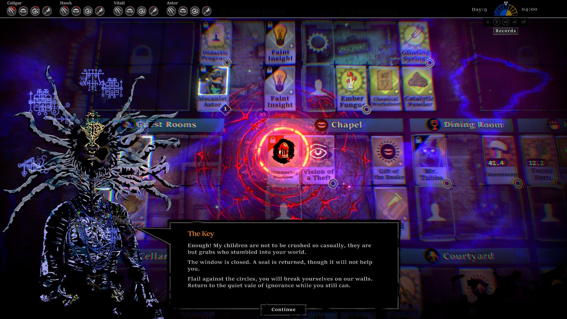 A screenshot of the house layout from The Horror At Highrook, showing a cosmic entity called The Key who looks like a woman in Victorian formal attire with a nightmarishly splintered-open head - 5