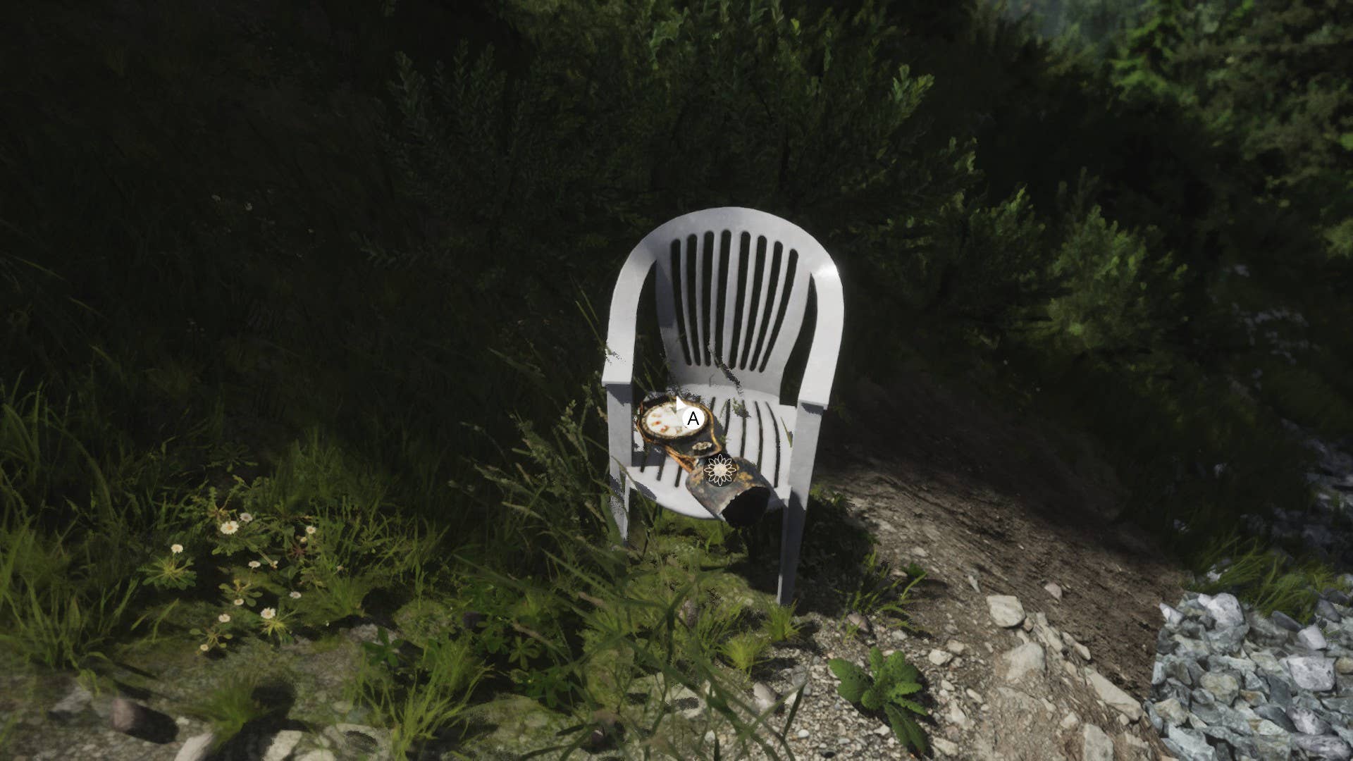 A collectible cowbell on a plastic chair in Lushfoil Photography Sim.