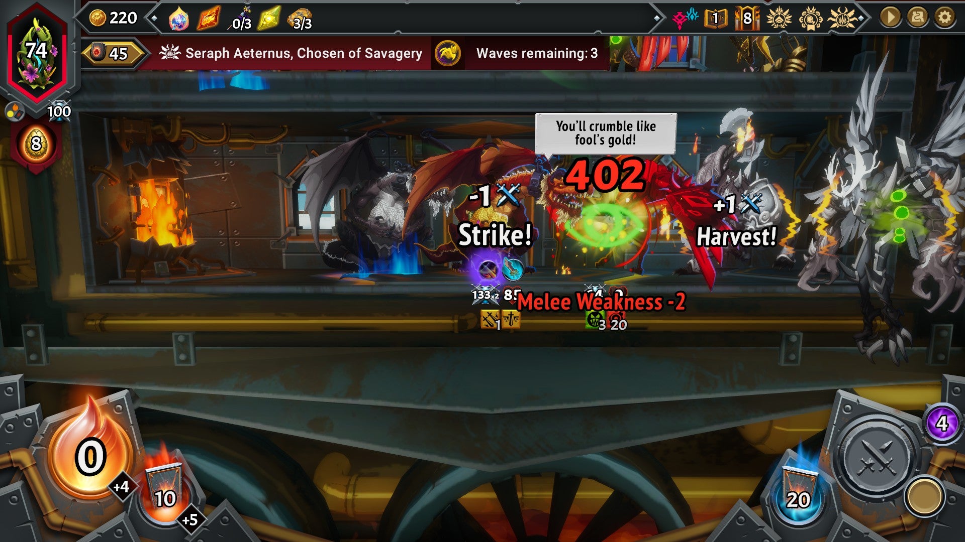 A dragon taking a big bite out of some daft axe-throwing henchman in Monster Train 2 - 4