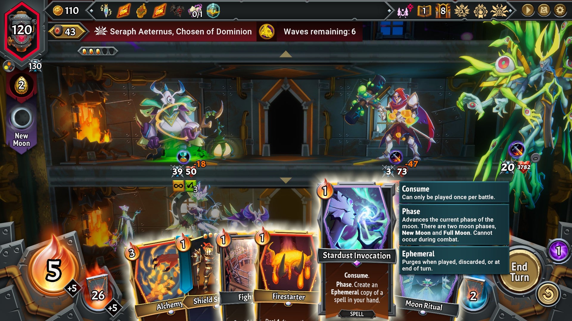 A card battle in Monster Train 2, with a big green diseased-looking boss creature on the right and a lunar cyclops warrior on the left - 1