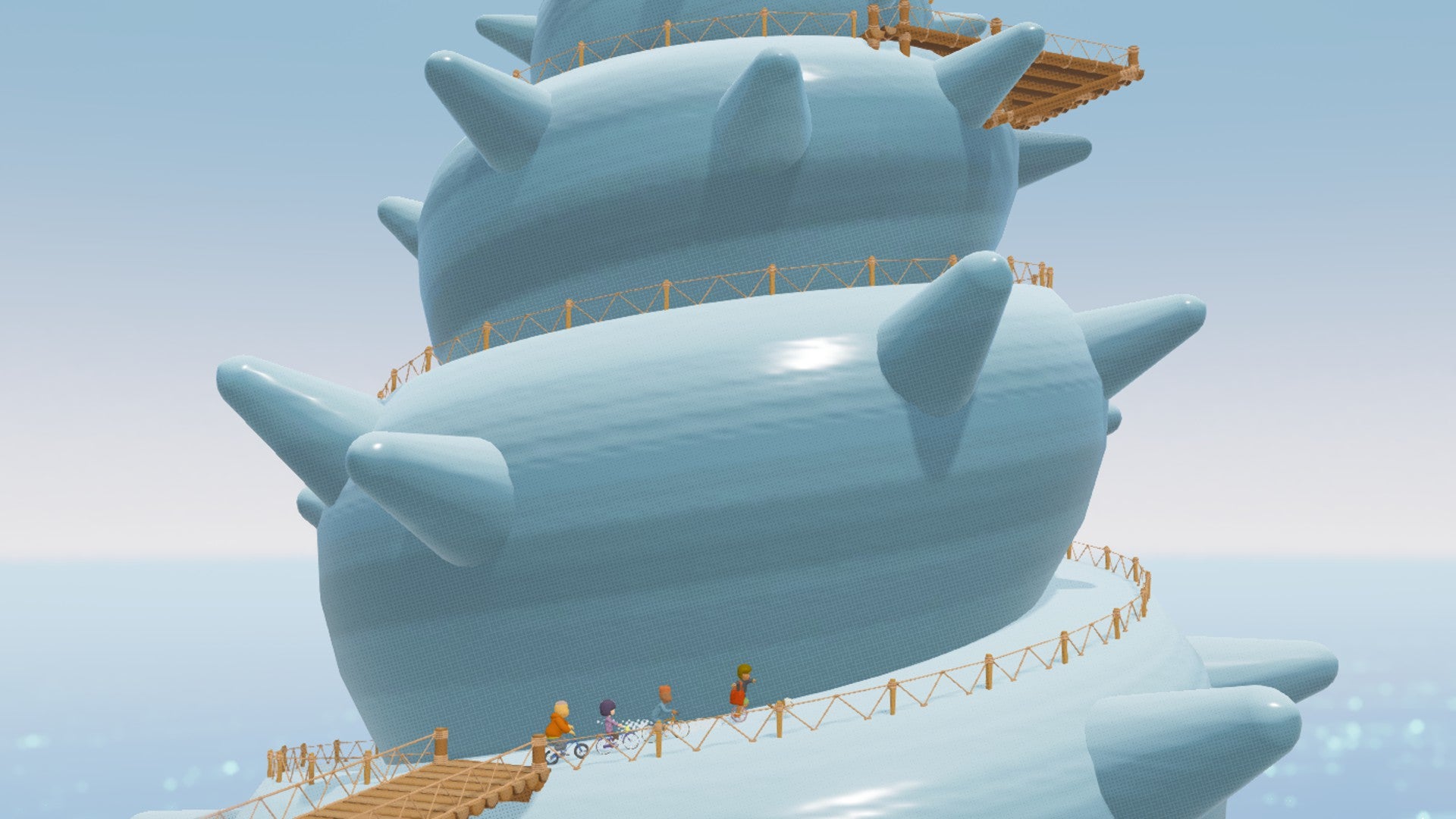 Friends climb a huge shell structure in To a T.