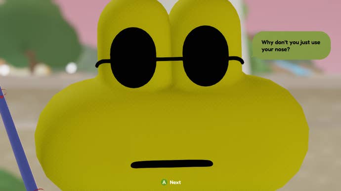 A frog wearing sunglasses says, "Why don't you just use your nose?" in To a T.