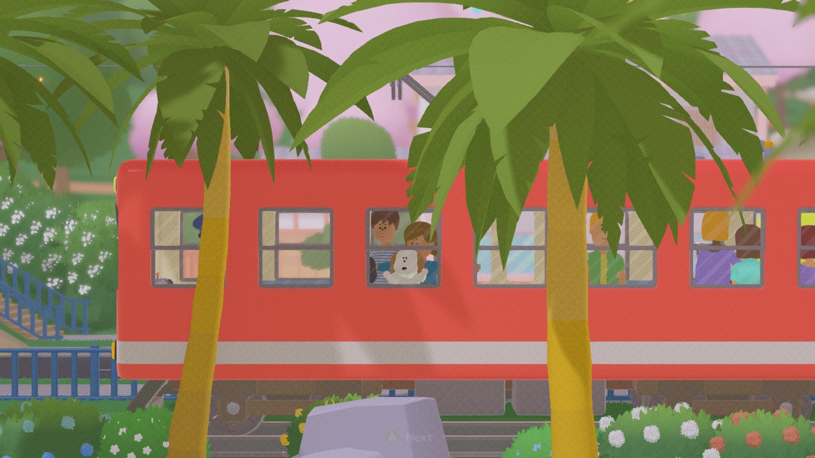 A train with passengers passes by palm trees in To a T.
