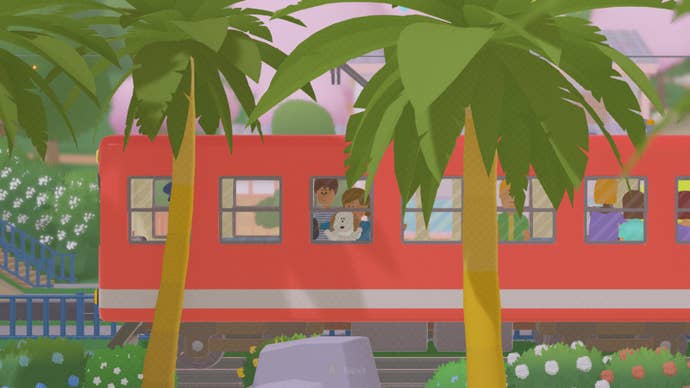 A train with passengers passes by palm trees in To a T.