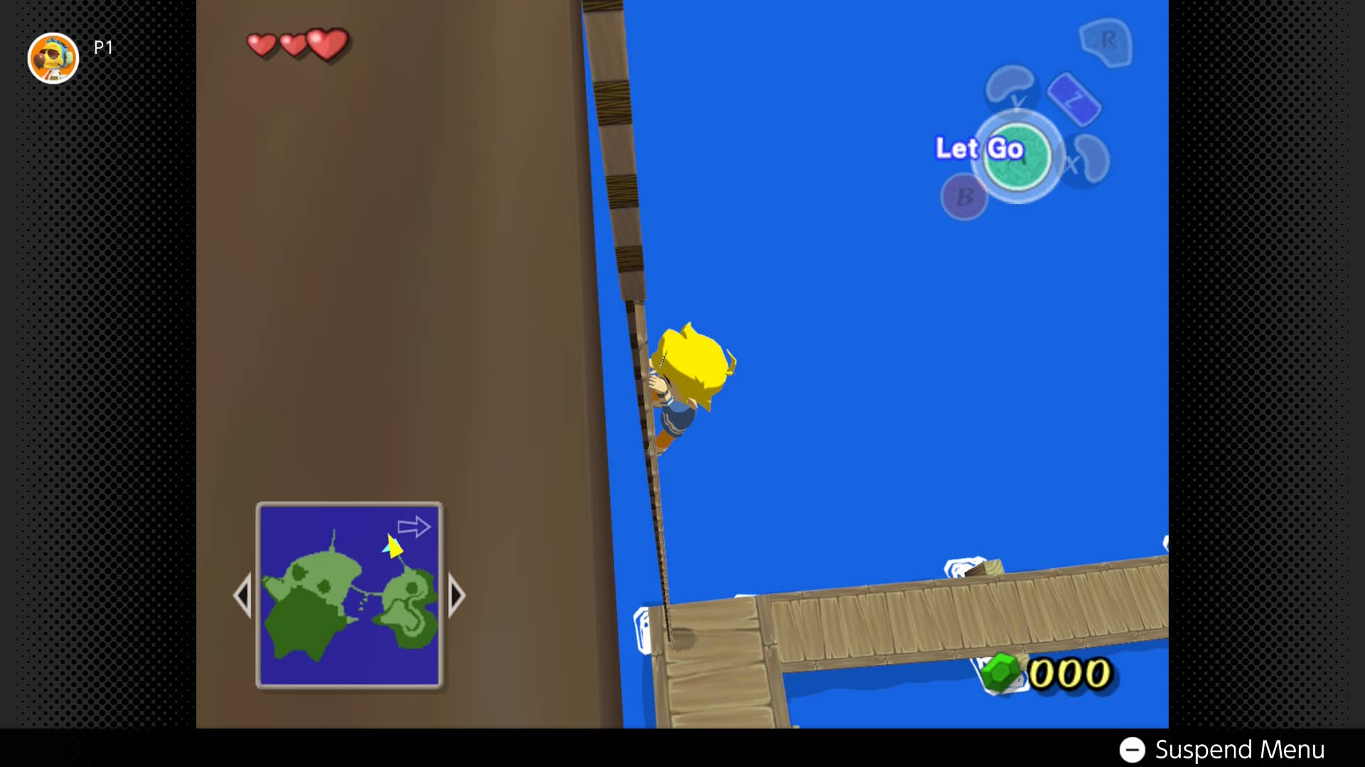Link climbs a ladder above a jetty and a blue sea in The Wind Waker.
