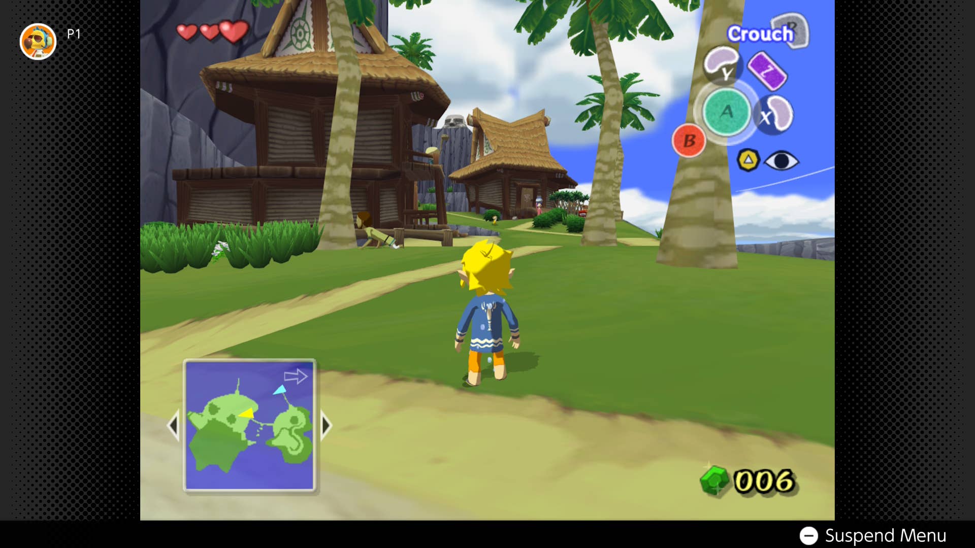 Link stands in the grass in his pyjamas, facing grandma's house in The Wind Waker.