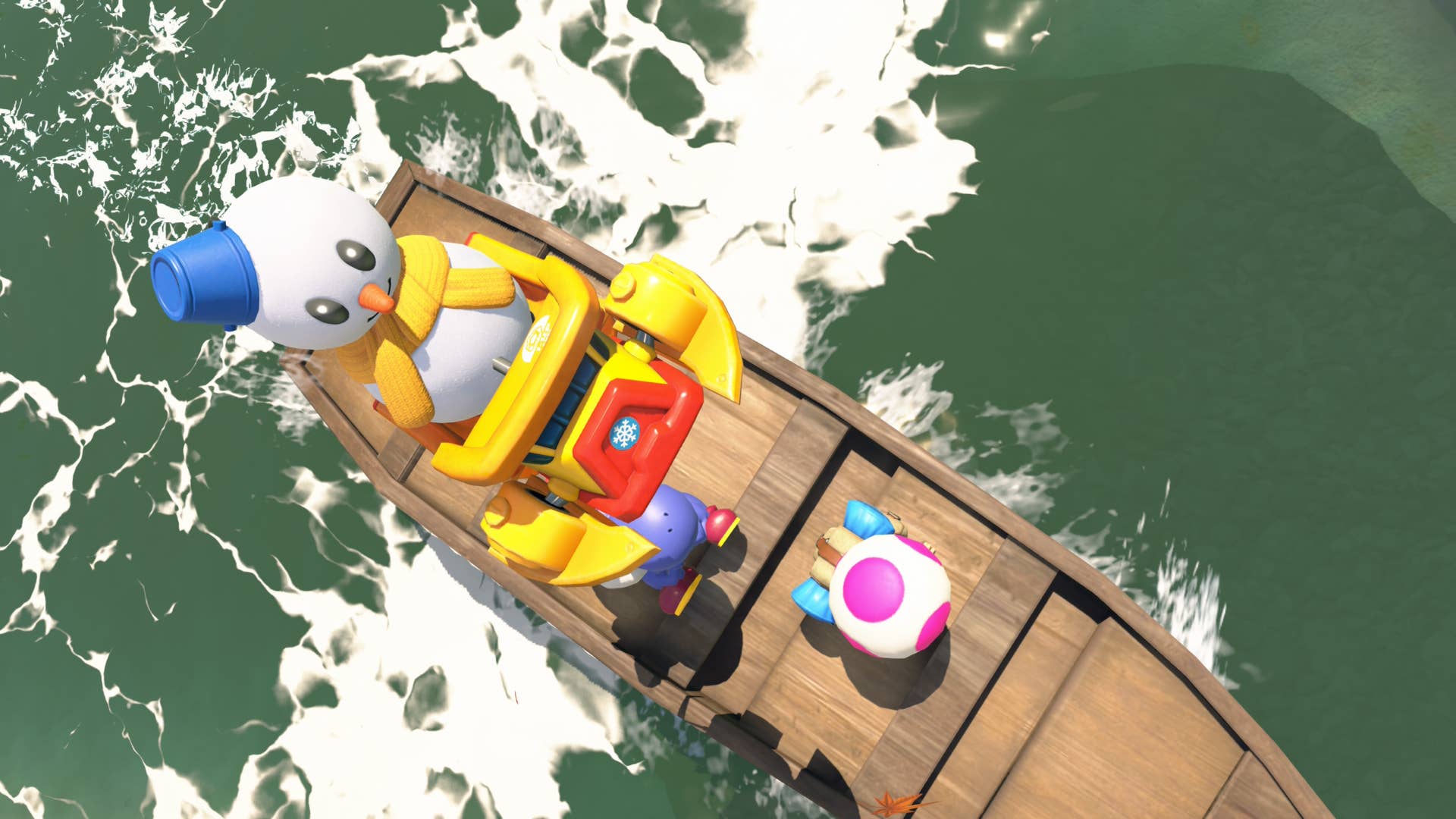 A snowman leaps over a boat carrying toads in Mario Kart World.