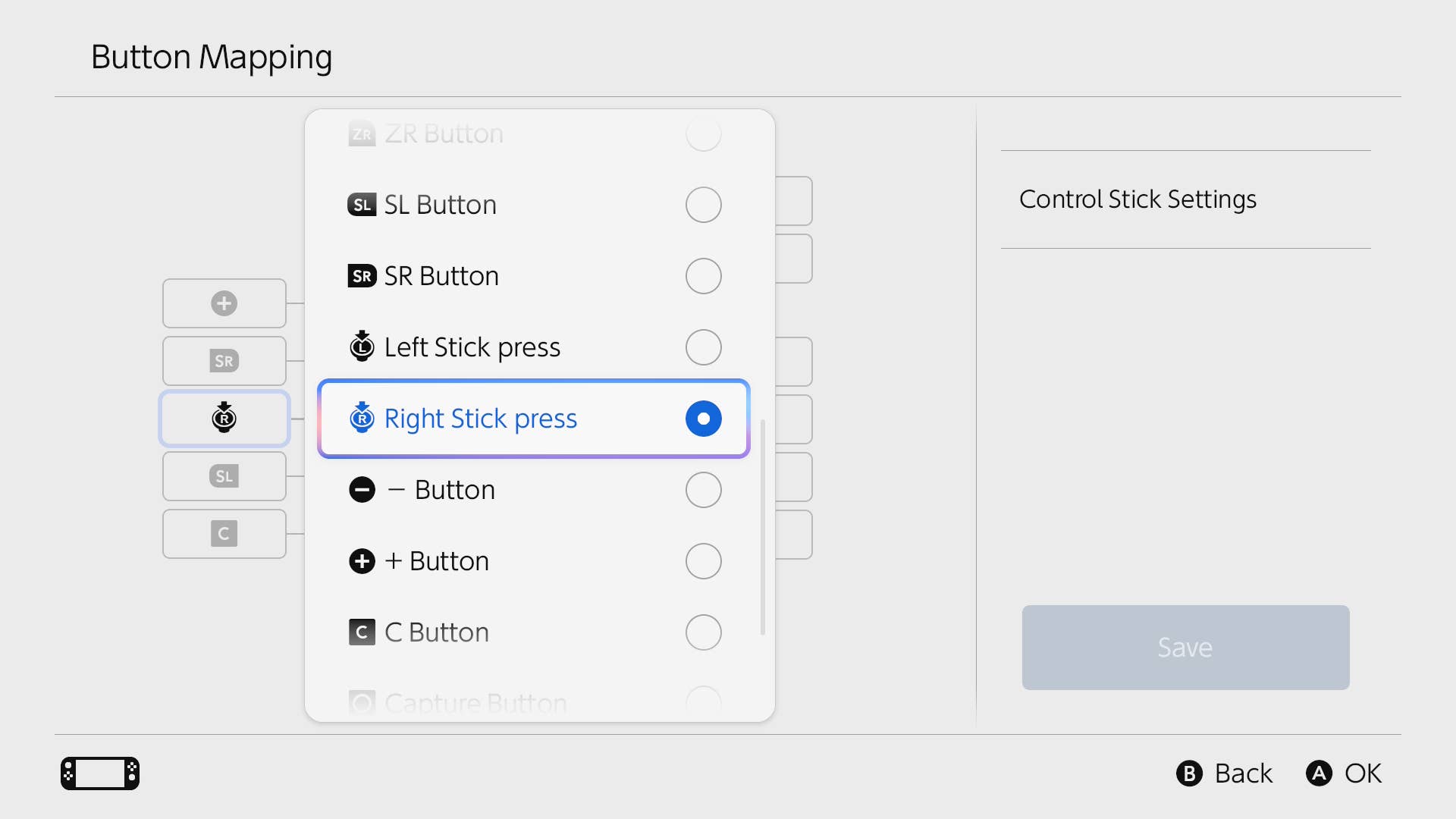 A button remapping screen on Switch 2.
