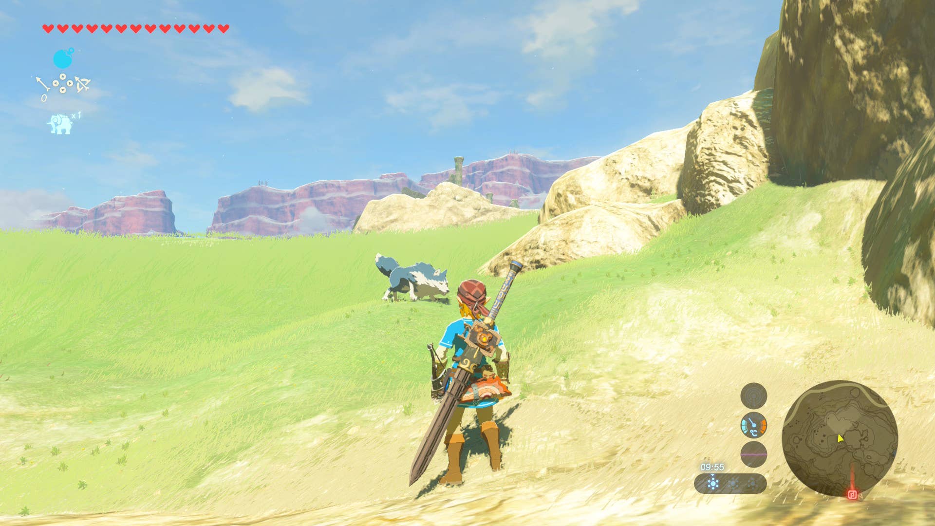 Link shares a field with a wolf in Breath of the Wild.