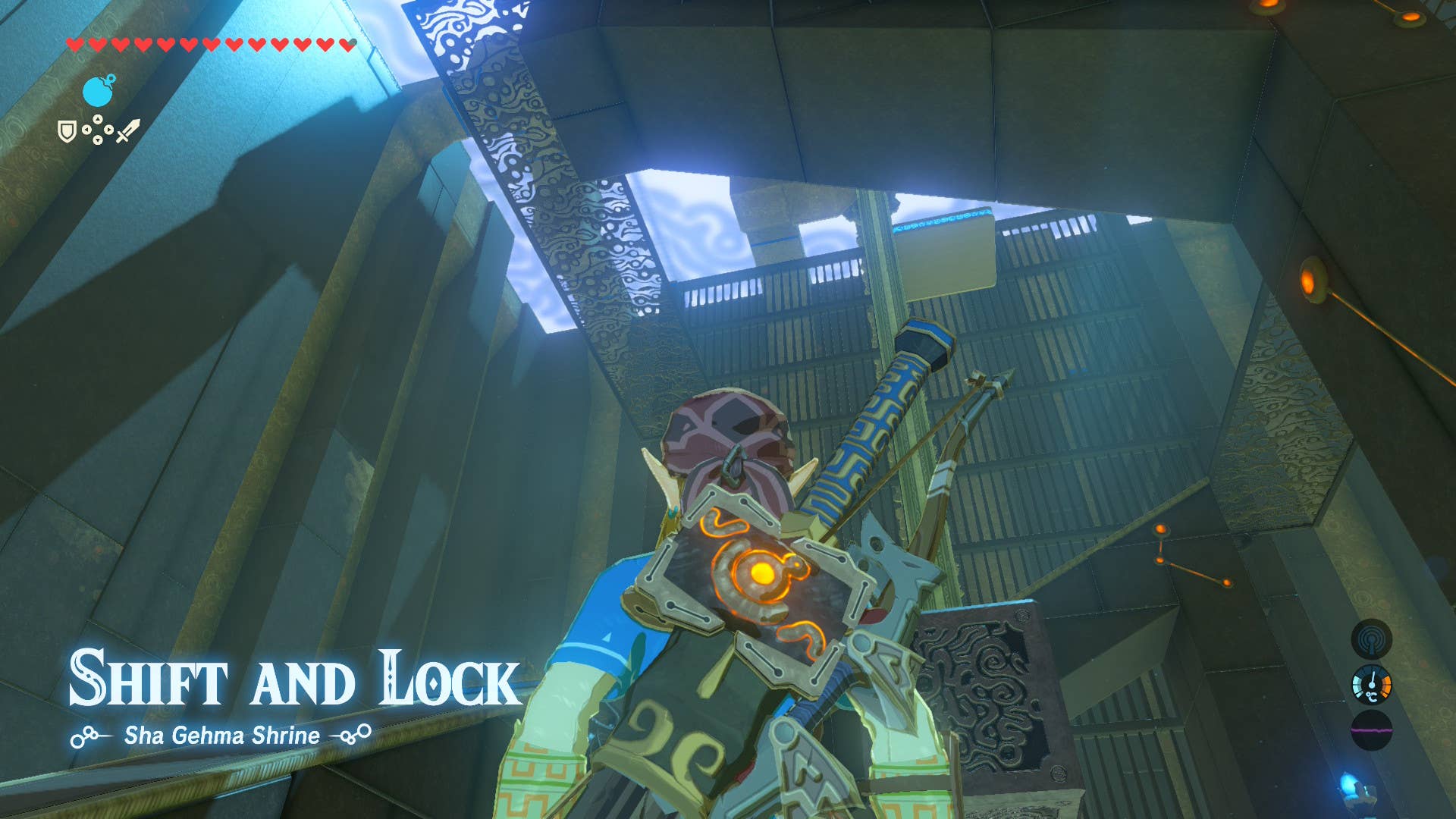 Link stares up at the inside of a shrine filled with walkways in Breath of the Wild. Text reads: Shift and Lock.