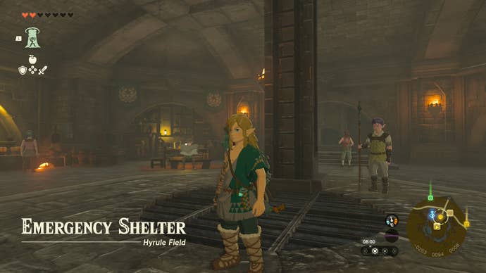Link stands in the Emergency Shelter in Tears of the Kingdom.