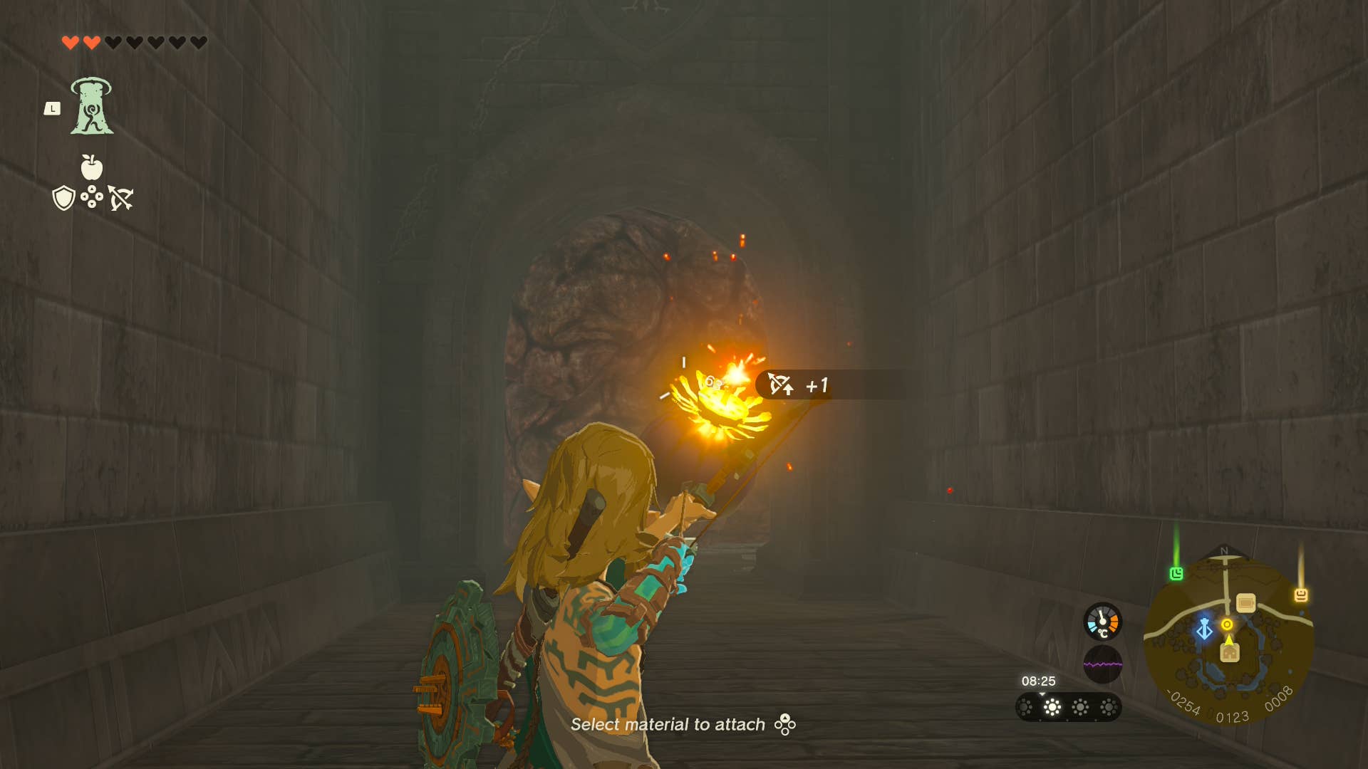 In an underground tunnel, Link aims a bomb arrow in Tears of the Kingdom.