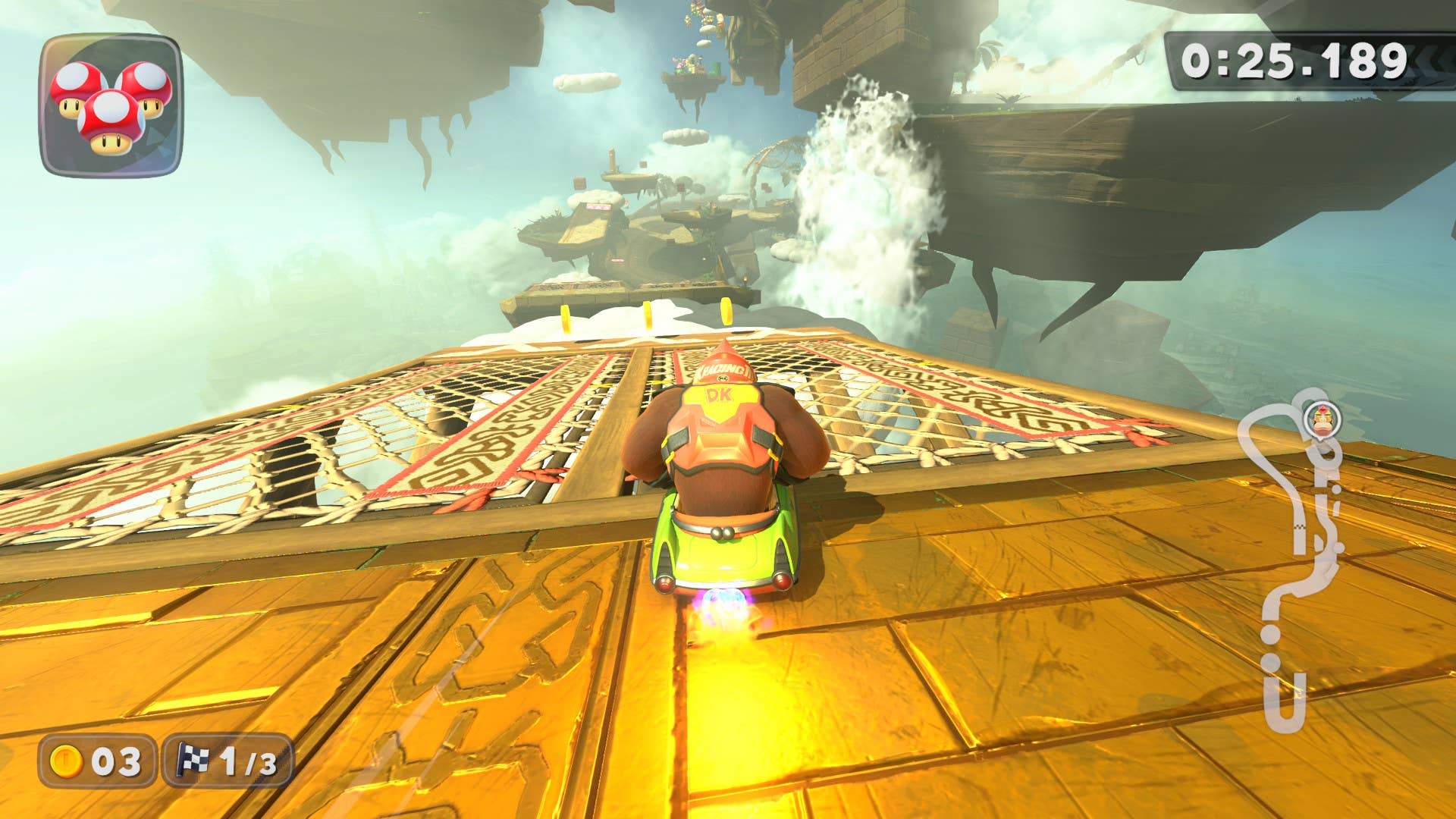 Mario Kart World screenshot showing Donkey Kong as the course Great ? Block Ruins stretches in front of him.