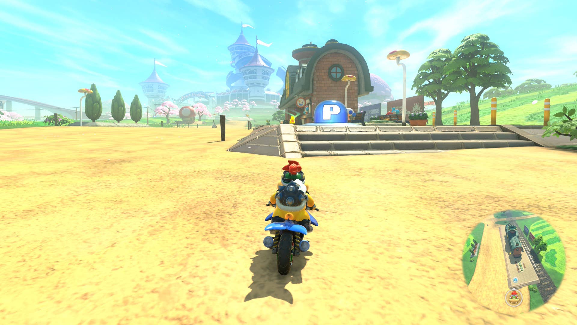Mario Kart World screenshot showing a P-Switch mission location in Free Roam mode.