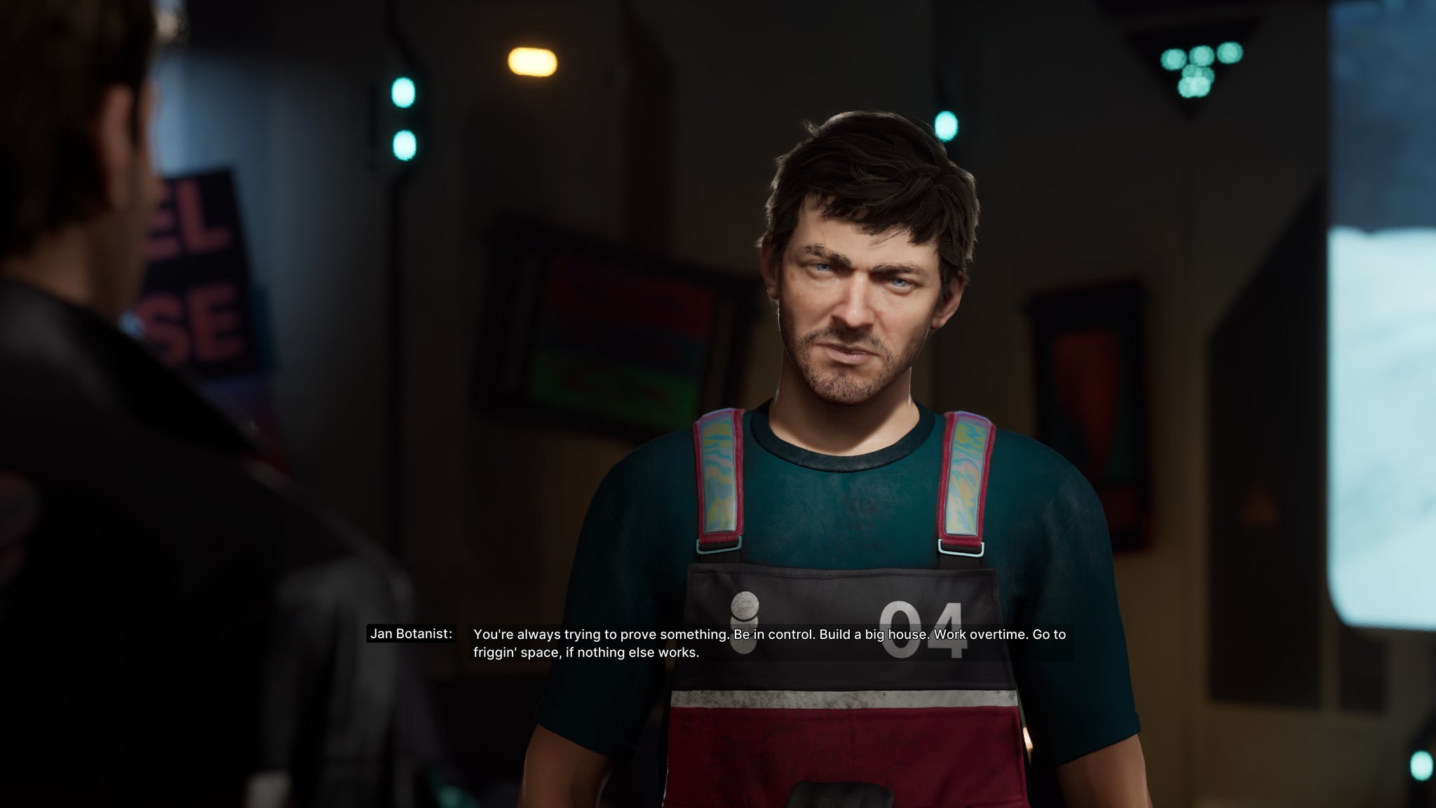 A clean shaven man in gardening overalls talking to you in The Alters - 10