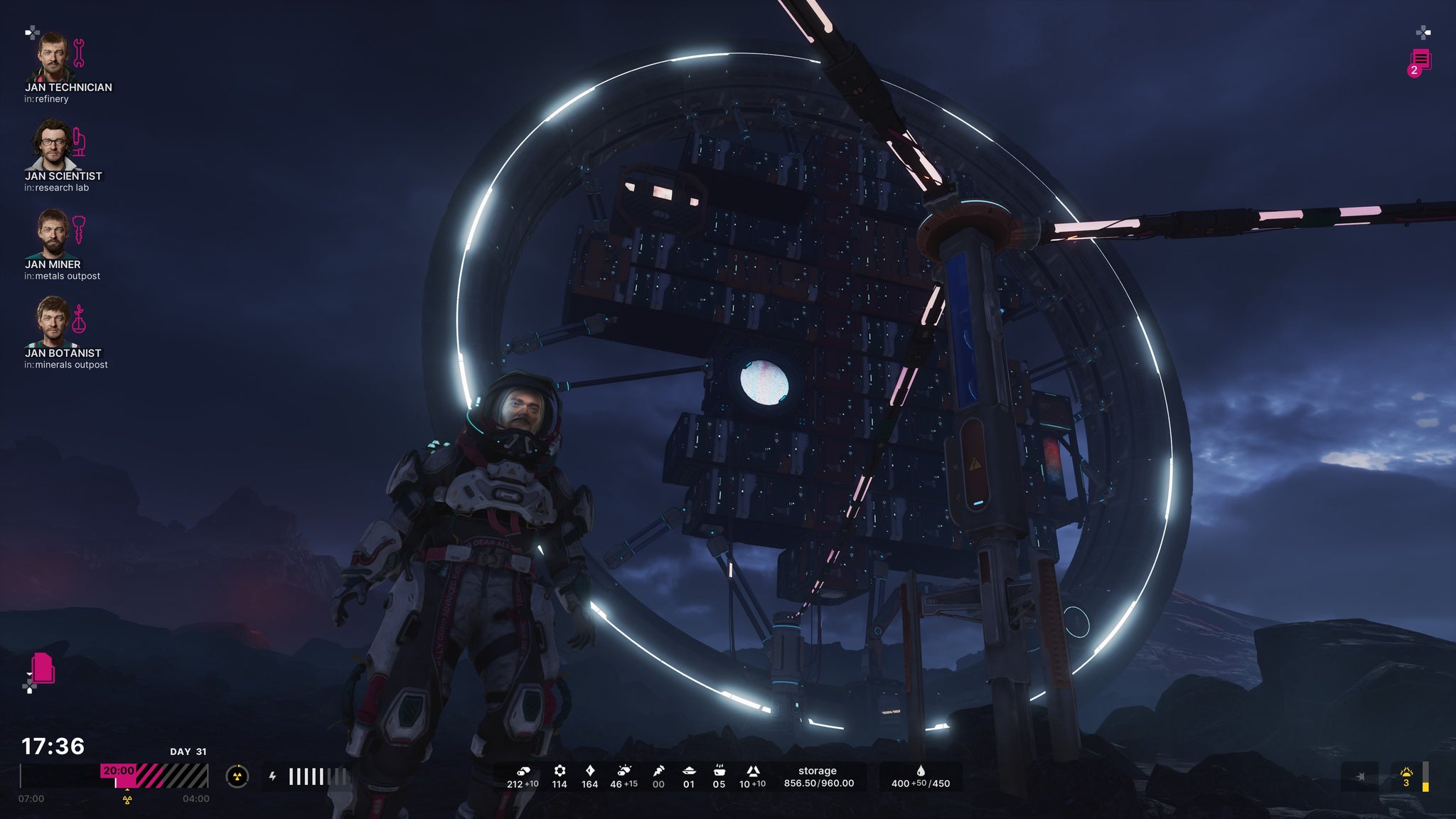 A character standing in front of a huge disc-shaped space station in The Alters - 3