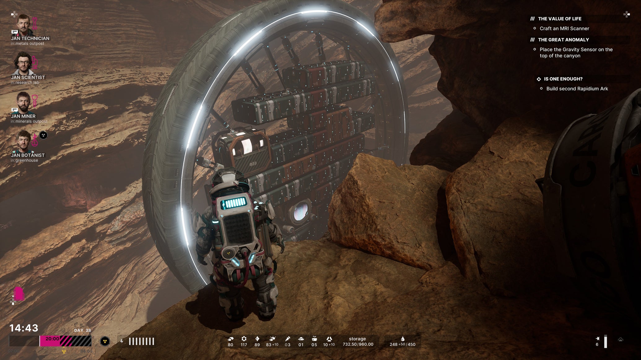 An elevated cliffside view of a rolling spacestation base, from The Alters - 1