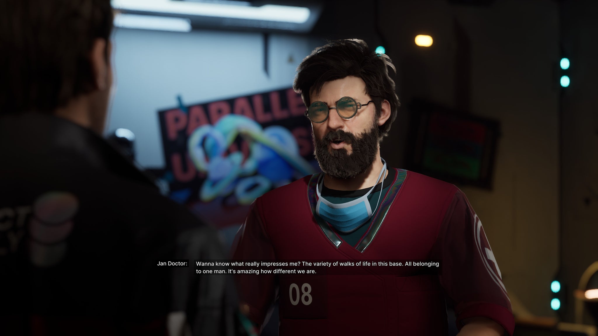 A bearded doctor expressing amazement at the difference between space station crewmates, from The Alters - 11