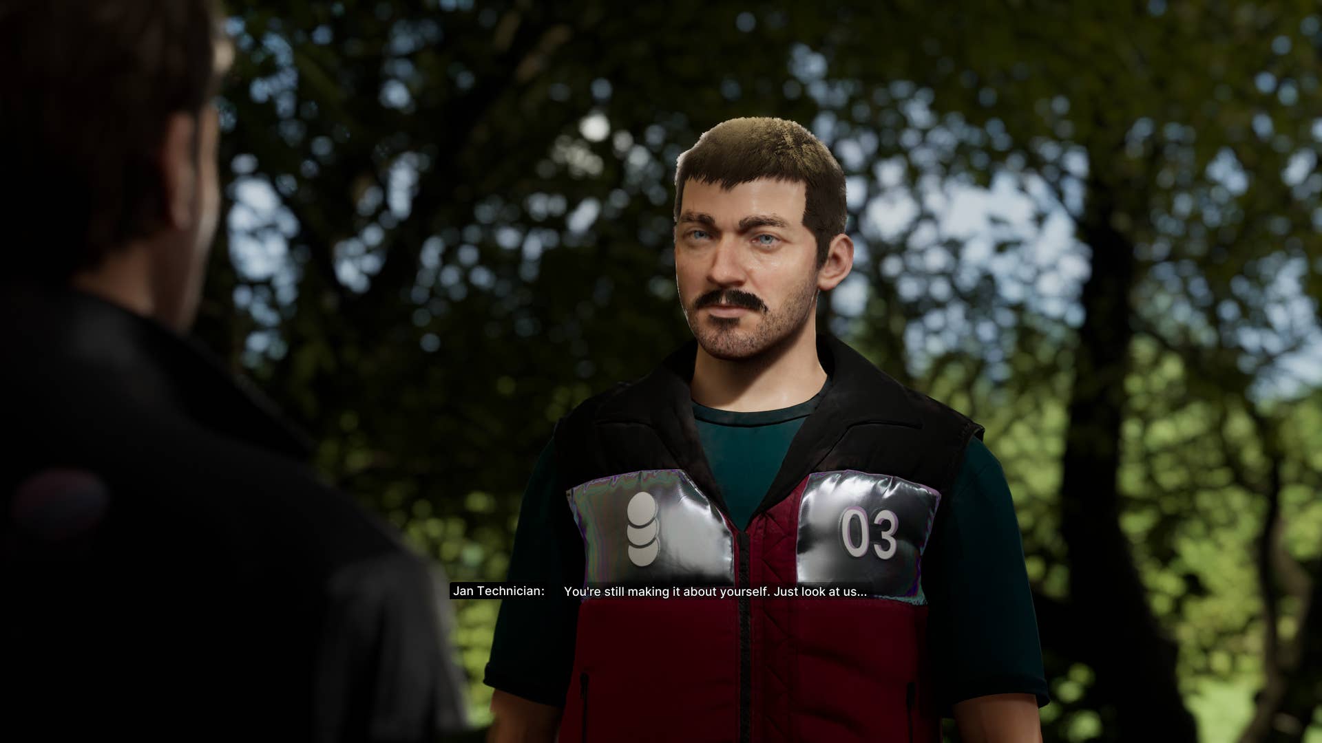 Man holding mustache against the background of an alter holographic tree