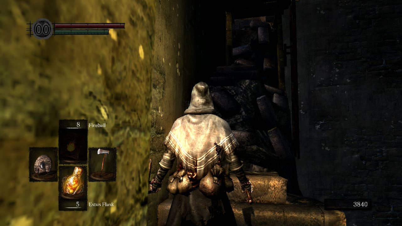 A player explores a dark room in Dark Souls Remastered.