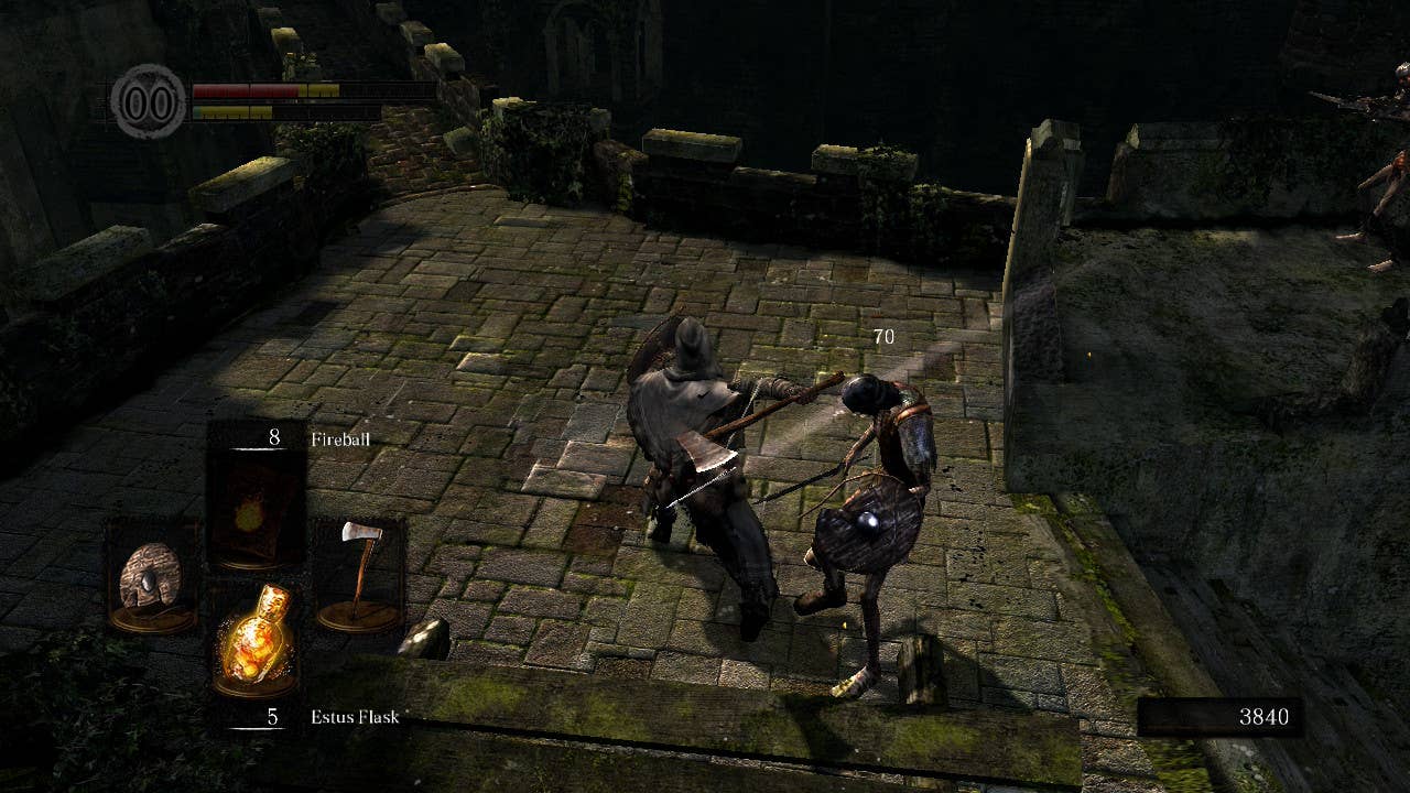 Exploring the Undead Burg in Dark Souls Remastered.