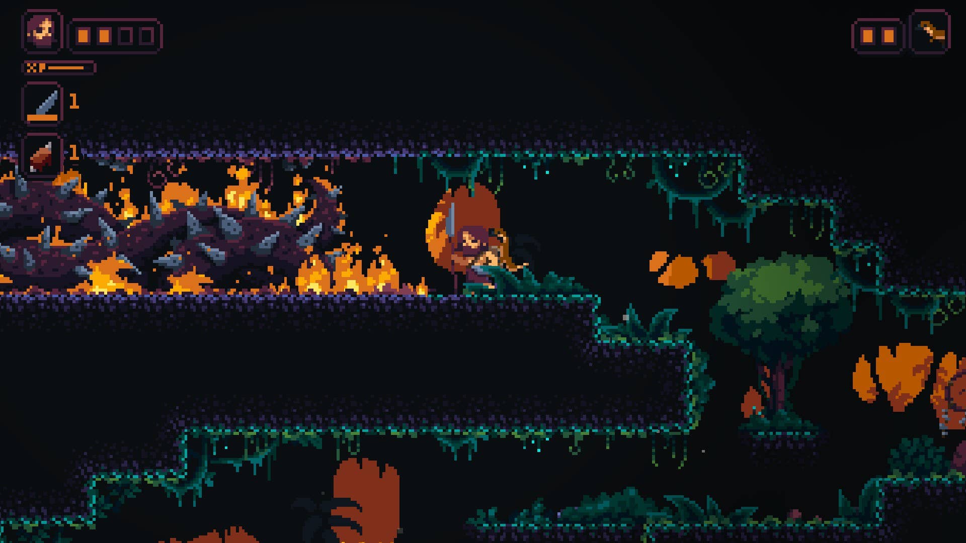 The player sets fire to some roots in Primal Planet.