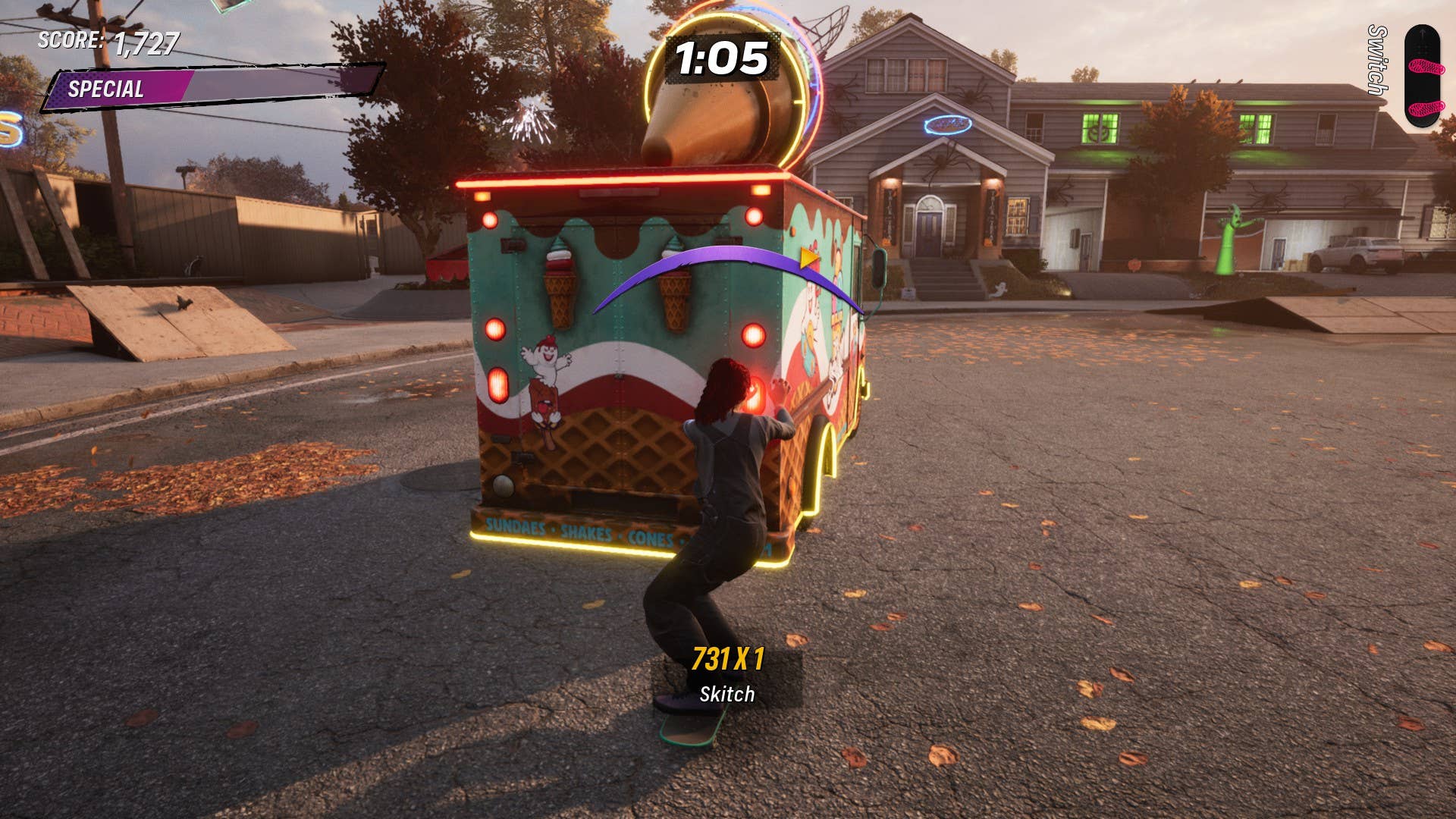 A skater hangs onto an ice cream van in Tony Hawk's Pro Skater 3 + 4.