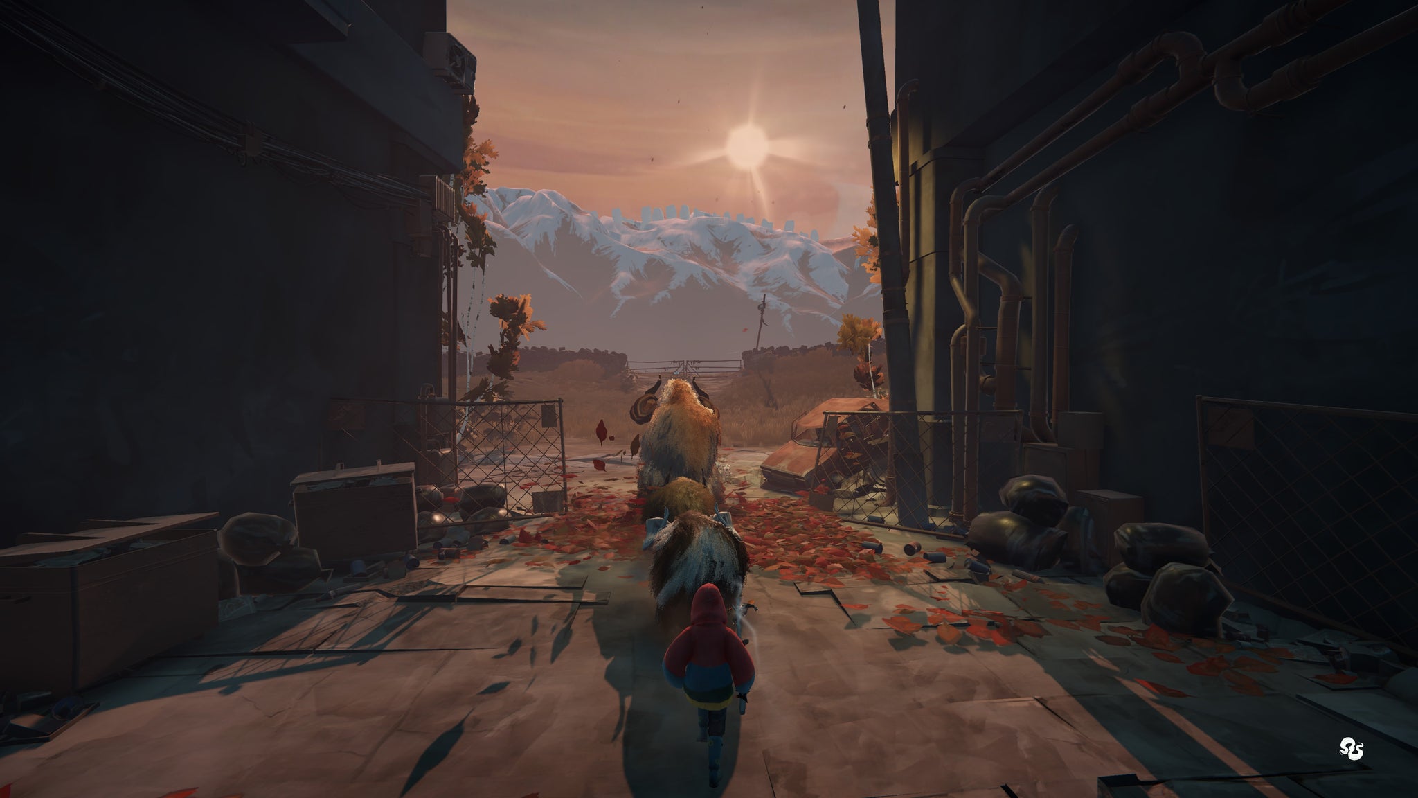 A young shepherd driving fantastical goatlike animals out of city walls towards a sunset mountainside in Herdling. - 7