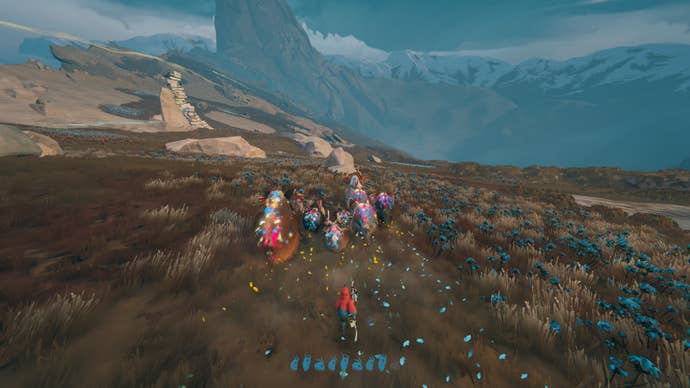 A herd of goatlike animals and a shepherd successful reddish charging down a slope of debased scrubby vegetation with clouds and mountains successful the distance, from Herdling.