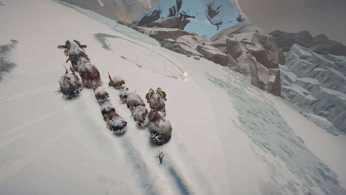 A herd of goatlike animals pushing up a snowy slope with a boyish shepherd down them successful Herdling.