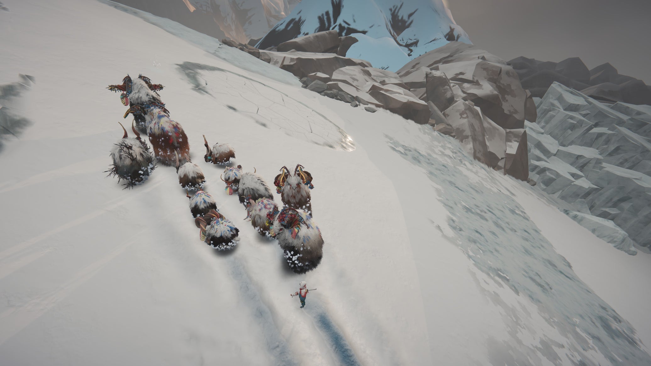 A herd of goatlike animals pushing up a snowy slope with a boyish shepherd behind them in Herdling. - 1