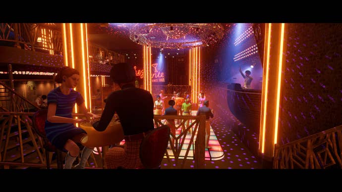 Screenshot from Agatha Christie’s Death on the Nile which features the inside of a London nightclub in 1975