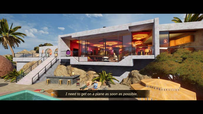 Screenshot from Agatha Christie’s Death on the Nile which features a quasi-Brutalist style mansion with a pool in 1975 Majorca. The voiceover subtitles read ‘I need to get on a plane as soon as possible.’