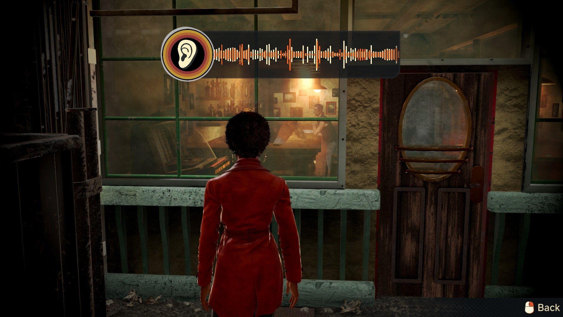 Screenshot from Agatha Christie&rsquo;s Death on the Nile where Jane Royce stands outside a rundown bar while doing an eavesdropping mechanic