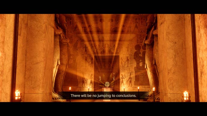 Screenshot from Agatha Christie’s Death on the Nile of the interior of the Temple of Abu Simbel, lit very dramatically by some kind of unseen device with the voiceover subtitles “There will be no jumping to conclusions.”