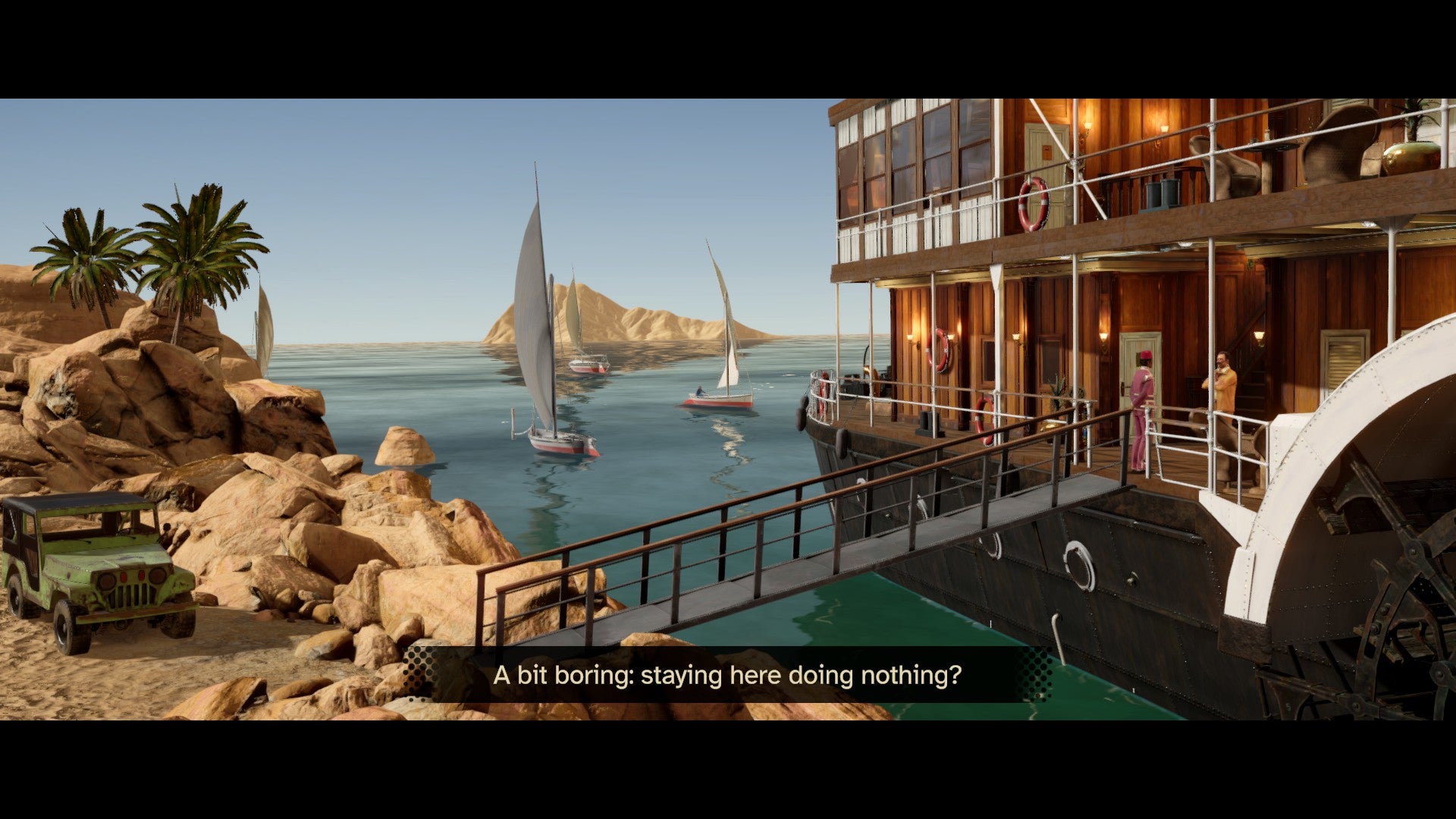Screenshot from Agatha Christie&rsquo;s Death on the Nile showing a wide view of The Karnak with its gangplank down while Poirot asks a crewmember &ldquo;A bit boring: staying here doing nothing?&rdquo;