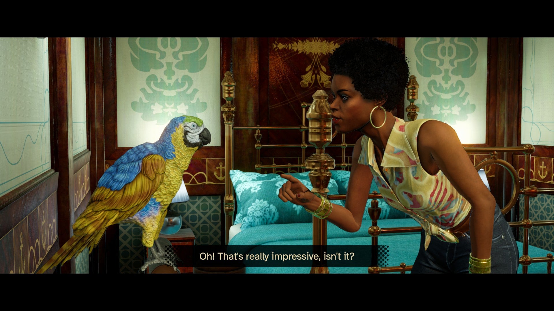 Screenshot from Agatha Christie&rsquo;s Death on the Nile of Jane Royce speaking to a parrot, saying &ldquo;Oh! That&rsquo;s really impressive, isn&rsquo;t it?&rdquo;
