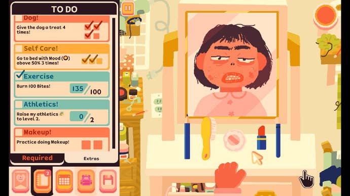 You doing your make-up successful Consume Me, gazing astatine the haggard and messy look successful the reflector portion reaching for lipsticks and combs.