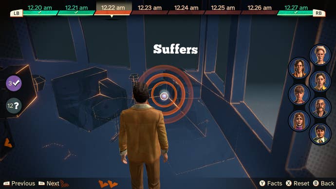 Screenshot from Agatha Christie’s Death on the Nile of a crime recreation segment where the player must choose a character to be slotted into a designated spot that says “Suffers”