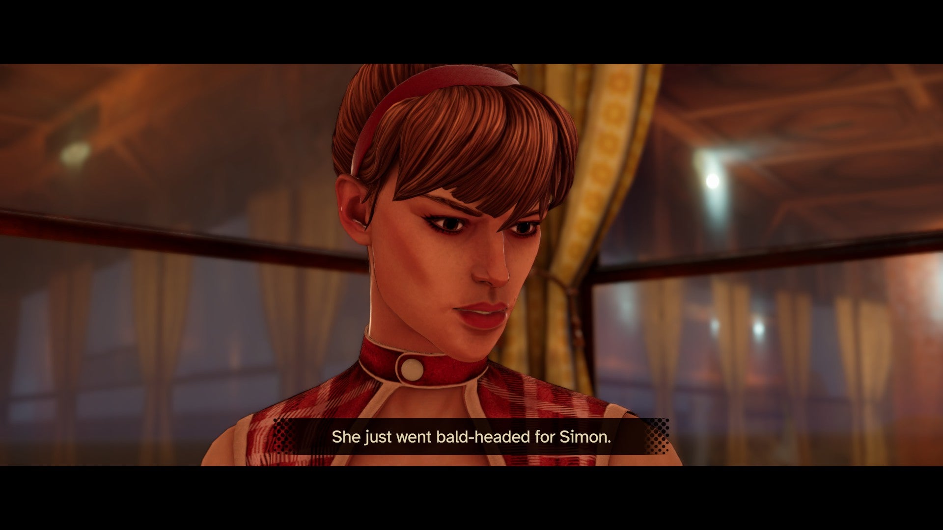 Screenshot from Agatha Christie&rsquo;s Death on the Nile of Jacqueline de Bellefort saying &ldquo;She just went bald-headed for Simon.&rdquo;